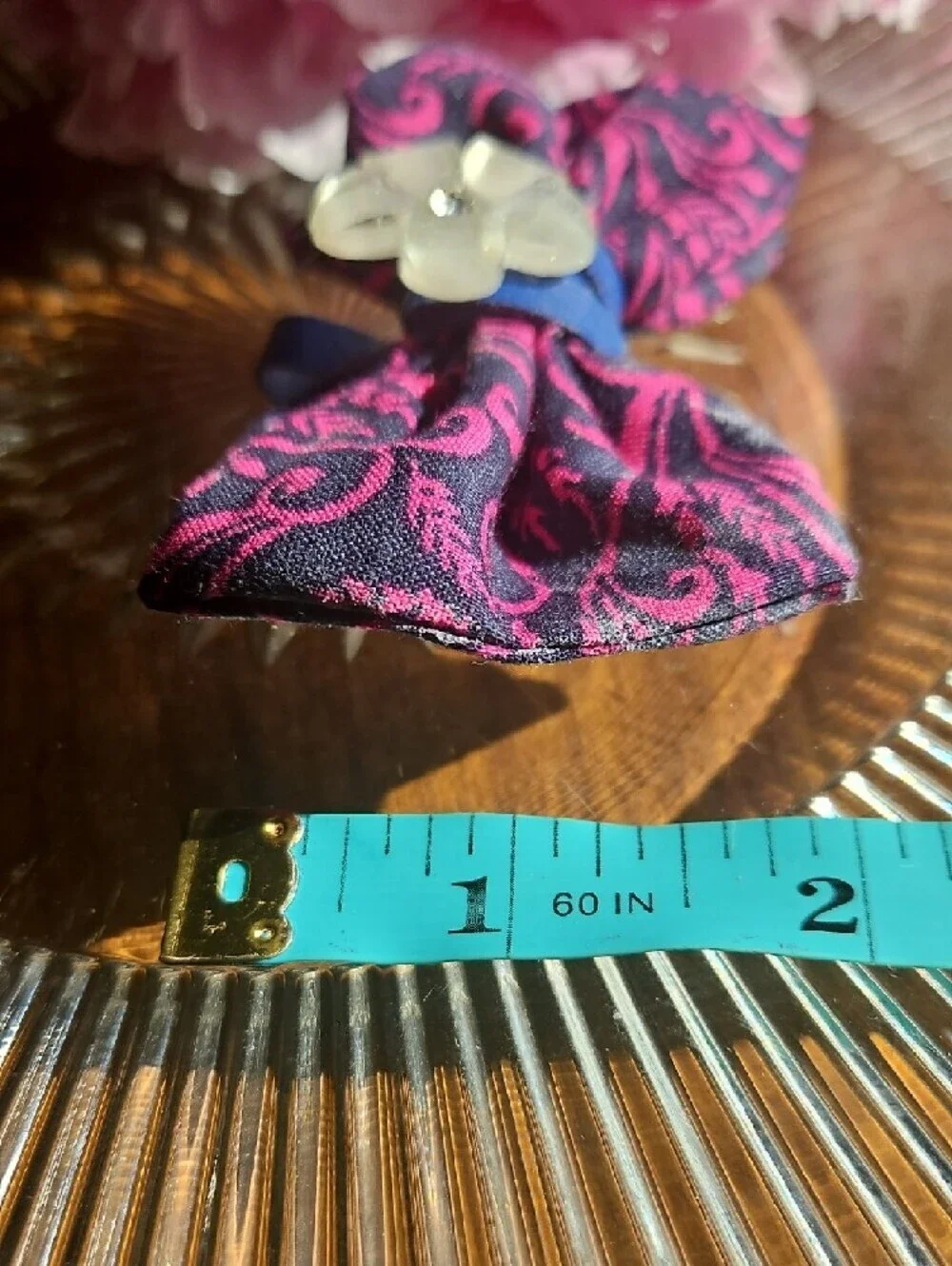 Hand Crafted Dog Collar Bow Tie Paisley Navy&Pink Flower Crystal NEW